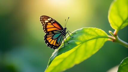 Obraz premium Monarch Butterfly Resting on a Green Leaf