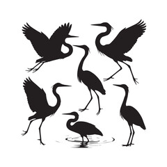 This collection of heron silhouettes showcases the birds in various activities such as flying, fishing, and resting. Designed in a minimalist black and white style white Background