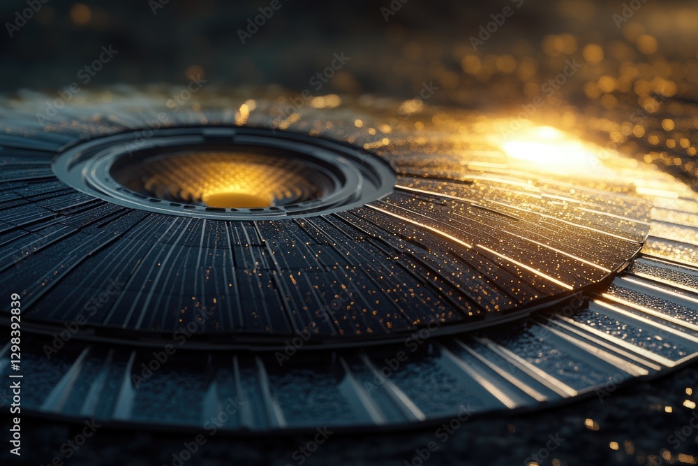 Poster a close-up view of a circular object sitting on a table, with a plain background