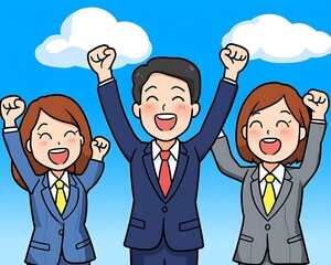 Cheering business team outdoors with sky background, celebrating success, suitable for presentations