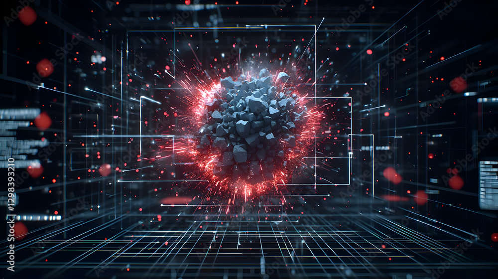 Aufkleber digital sphere explosion with red and blue light inside cubical grid network