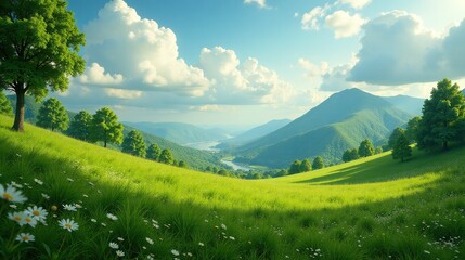 Fototapeta premium Elevated view of verdant hills and distant mountains under a vast, partly cloudy sky.