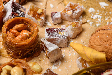 Sweet food Turkish delight on wooden background, assorted locum and candy for decorated backdrop