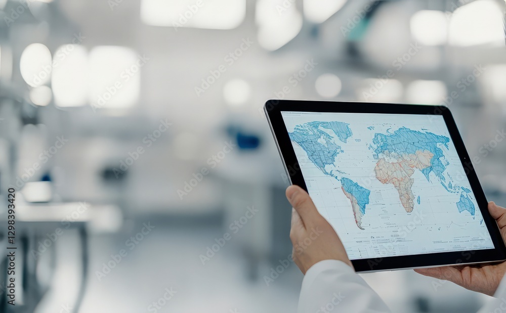 Aufkleber science meteorology discovery concept. tablet displaying world map in a laboratory setting.