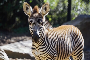 Fototapeta premium A young zebra stands next to a pile of rocks, perfect for wildlife or nature-themed designs