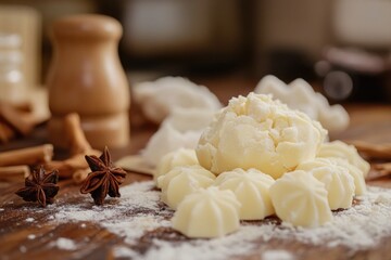 Fototapeta premium A wooden table covered in white frosting, perfect for decorating cakes and pastries