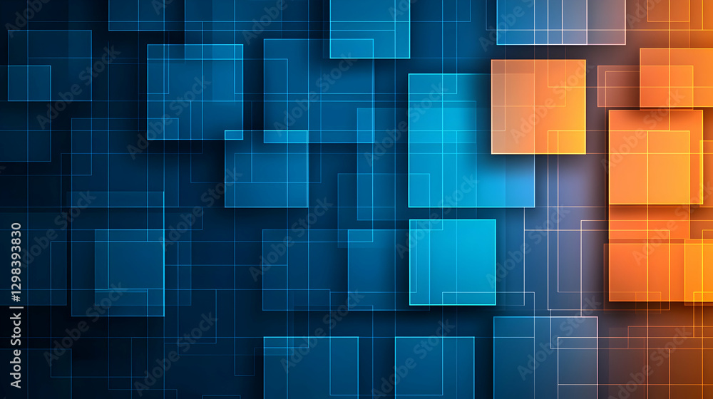 Poster abstract geometric squares composition in blue and orange with technology network style