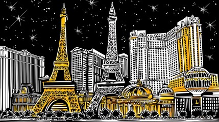 City towers glow under stars, art print for modern travel poster, architecture background