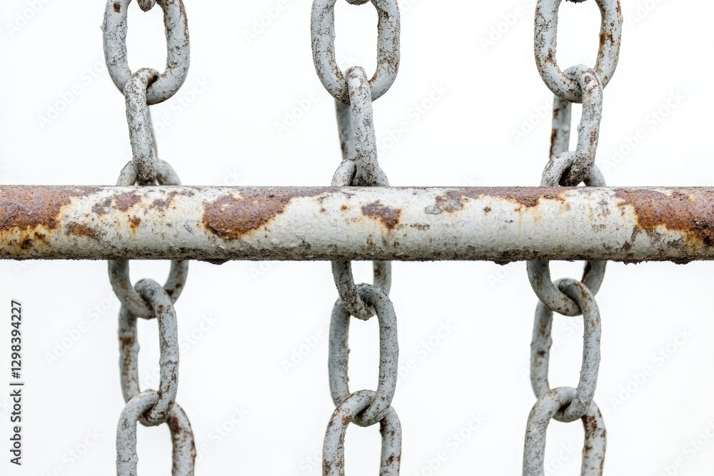 Poster a close-up view of a metal chain fence with rusted links and worn-out texture