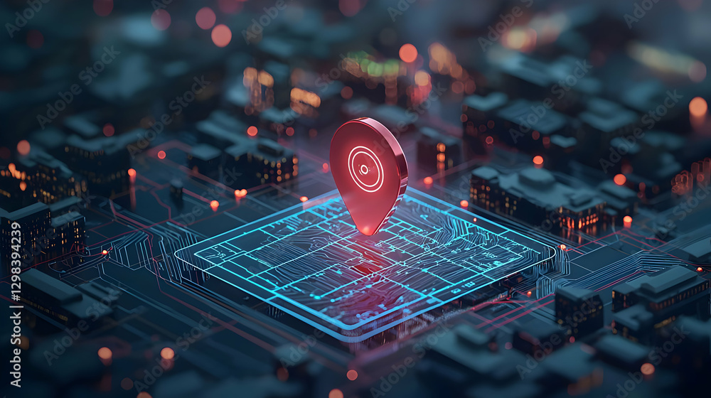 Poster abstract digital map with red location pin depicting technology and city network
