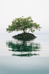 A single tree stands alone on a small island in the ocean, surrounded by water