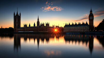 Golden Sunset Over London Cityscape Reflecting in the River with Illuminated Architecture