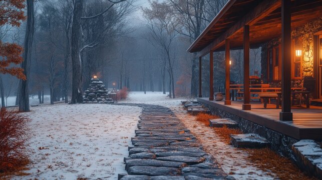 Snowy path to a rustic cabin in autumn woods