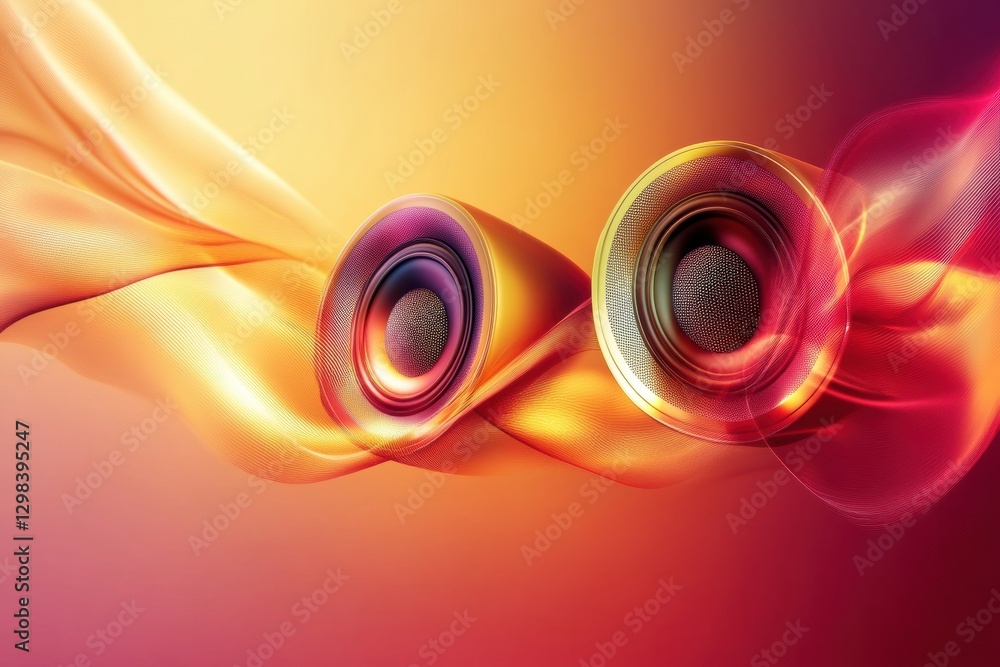 Poster vibrant 3d speakers generating colorful light waves in a dynamic audio visual display. generative ai