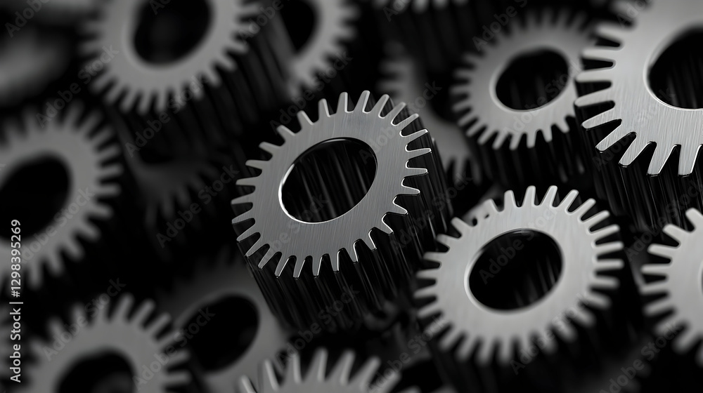 Poster close up view of a group of metallic gears showing mechanical precision and industrial design