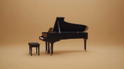 Elegant Black Grand Piano on Neutral Background with Stool
