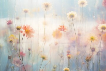 Obraz premium Rain scene with Various flowers asteraceae painting outdoors.