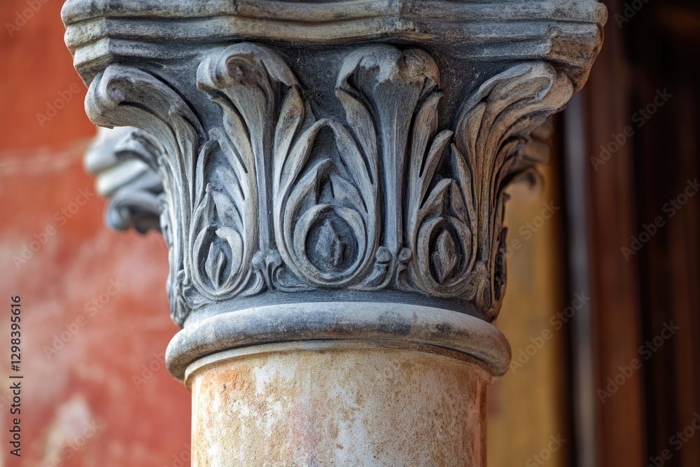 Poster a close-up view of a clock tower column with timepiece and intricate details