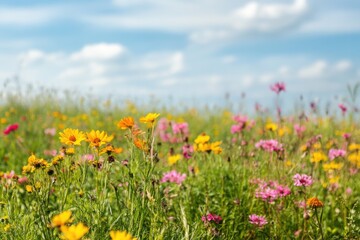 A beautiful field of flowers against a clear blue sky