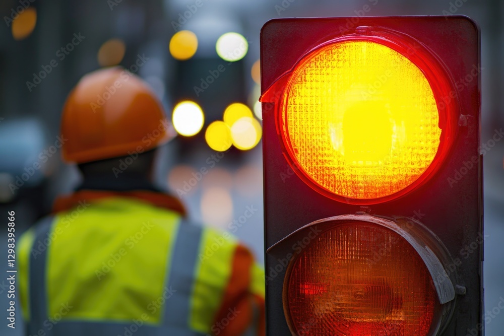 Aufkleber a man in a hard hat is working on a building site while standing behind a traffic light, which has a