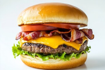 Juicy Bacon Cheeseburger Delight - A mouthwatering bacon cheeseburger, featuring a perfectly grilled patty, melted cheddar cheese, crispy bacon, fresh tomato
