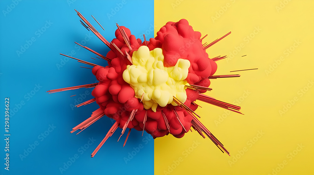 Poster abstract digital explosion with red and yellow elements on blue and yellow background studio shot