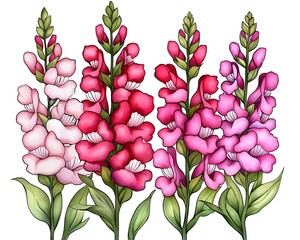 Colorful digital snapdragons in a row, isolated on white, for garden design or art