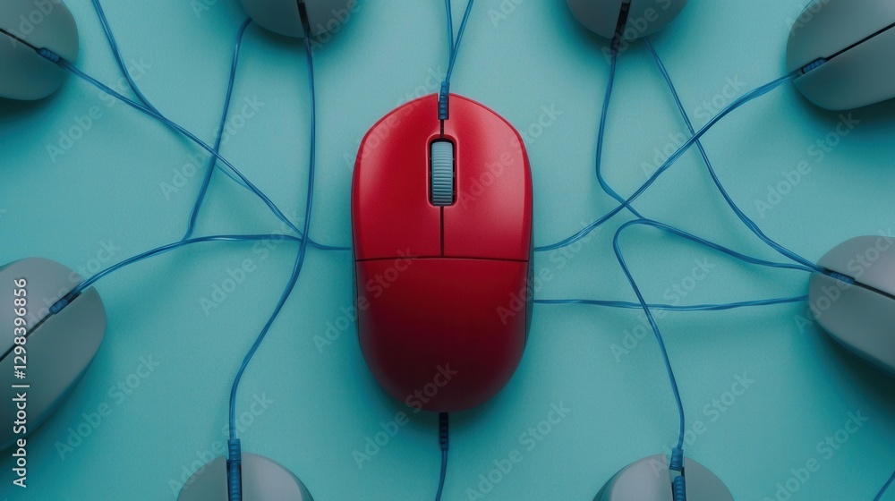 Poster red computer mouse surrounded by multiple gray mice on blue background
