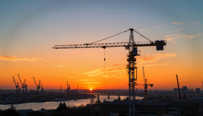 Obraz premium Silhouette of construction crane at sunset over skyline, industrial beauty
