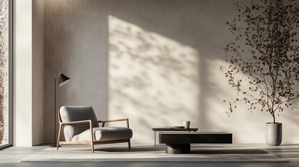 Modern living room with black table and a white chair. Modern living room with japanese style textured neutral tones. Minimalist armchair with lamp and coffee table in interior design. A lifestyle.