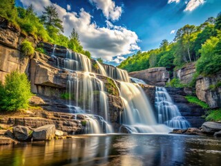 Fototapeta premium Serene High Falls: Minimalist photography captures cascading water, rocky landscape, tranquil beauty.