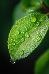 A single green leaf with water droplets on its surface, perfect for using in illustrations or designs related to nature, water, and the outdoors