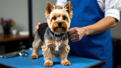  Dog grooming session with professional groomer
Concept of pet care, grooming, relaxation