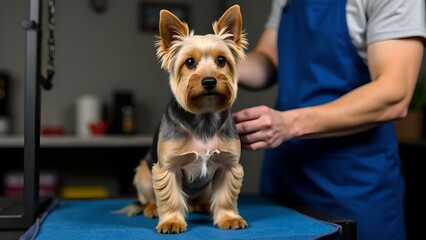  Dog grooming session with professional groomer
Concept of pet care, grooming, relaxation