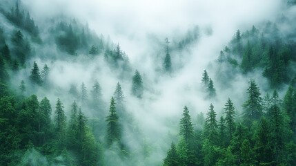 Misty forest landscape with dense evergreen trees and fog in a tranquil setting during early morning hours