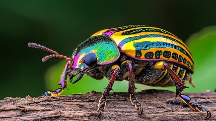 Naklejka premium Jewel beetle crawls on branch; plants blur for nature article, science education, ecology, or insect presentation