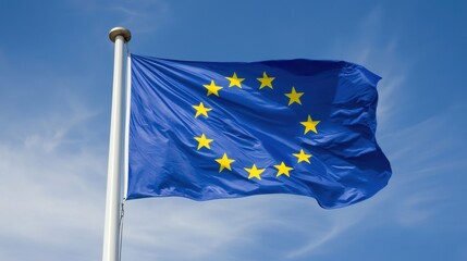 European Union Flag Waving Against Clear Blue Sky Background