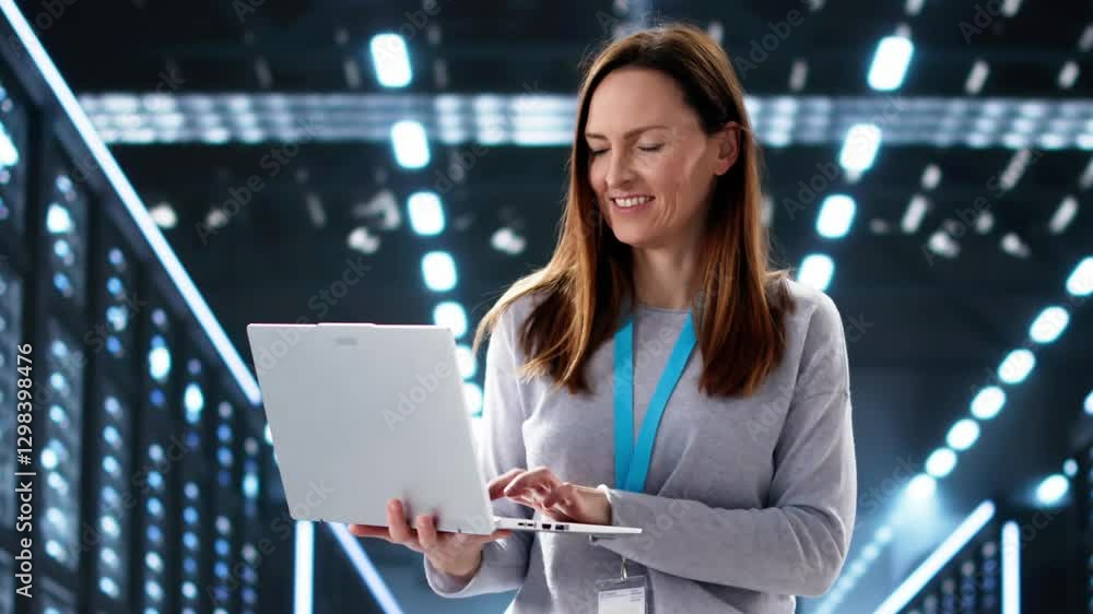 Poster happy engineer in data center server room configuring ai