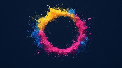 Colorful Splash Circle Made of Pink Yellow and Blue Powder on Dark Background