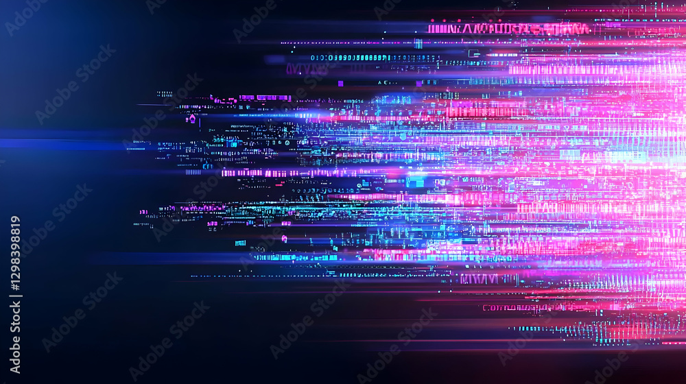 Poster abstract digital data stream with blue and pink light trails in dark background