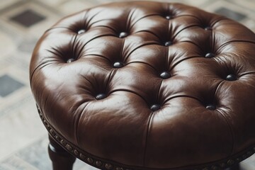 Naklejka premium A single brown leather stool sitting on a tiled floor, great for decorative use or as a prop in various settings