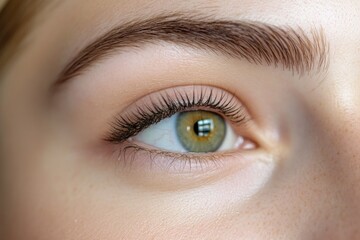 A detailed view of a person's eye featuring long, thick eyelashes