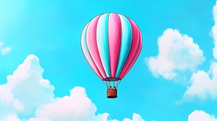 Fototapeta premium Couple flying in hot air balloon, against a bright blue sky with fluffy clouds. Travel, adventure use