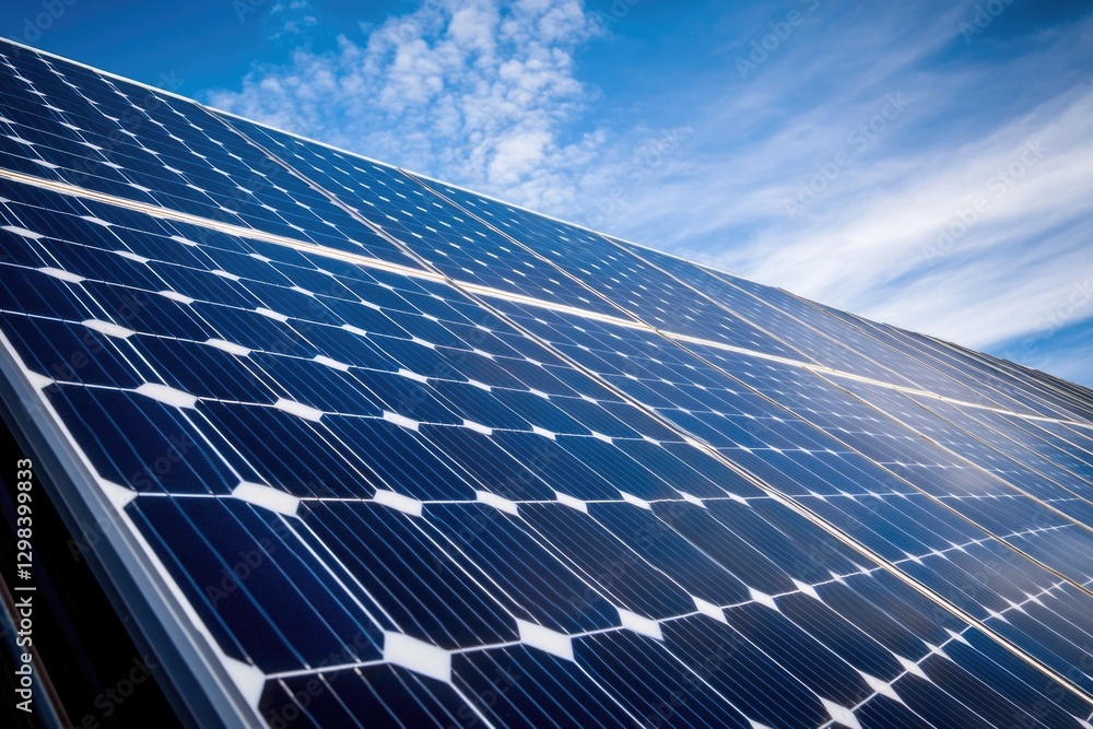 Poster close up of a solar panel with clouds in the background, suitable for use in environmental or techno