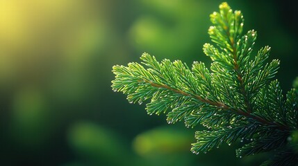 Fototapeta premium Close-up view of lush green pine needles glistening in the sunlight during a serene early morning in a forest