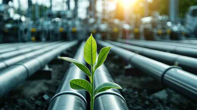Rows of intricate gas pipelines stretching across the oil and gas production plant, with a small plant thriving in the foreground, highlighting resilience in an industrial landscap