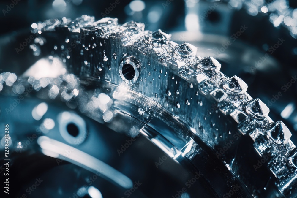 Poster close-up shot of a metal object with water droplets on its surface, suitable for use in various cont