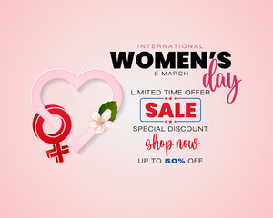 Holiday design, background with handwriting texts, springtime flower and female sign for International Women's day, sales and commercial event; Vector illustration.