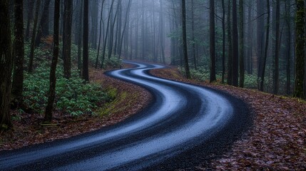 Serpentine road through a misty forest during early morning hours evokes a sense of tranquility and adventure