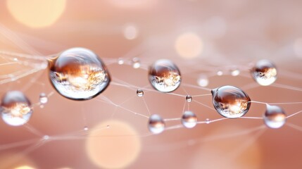 Transparent water droplets suspended on delicate web against warm glowing background. Nature, purity, and freshness.